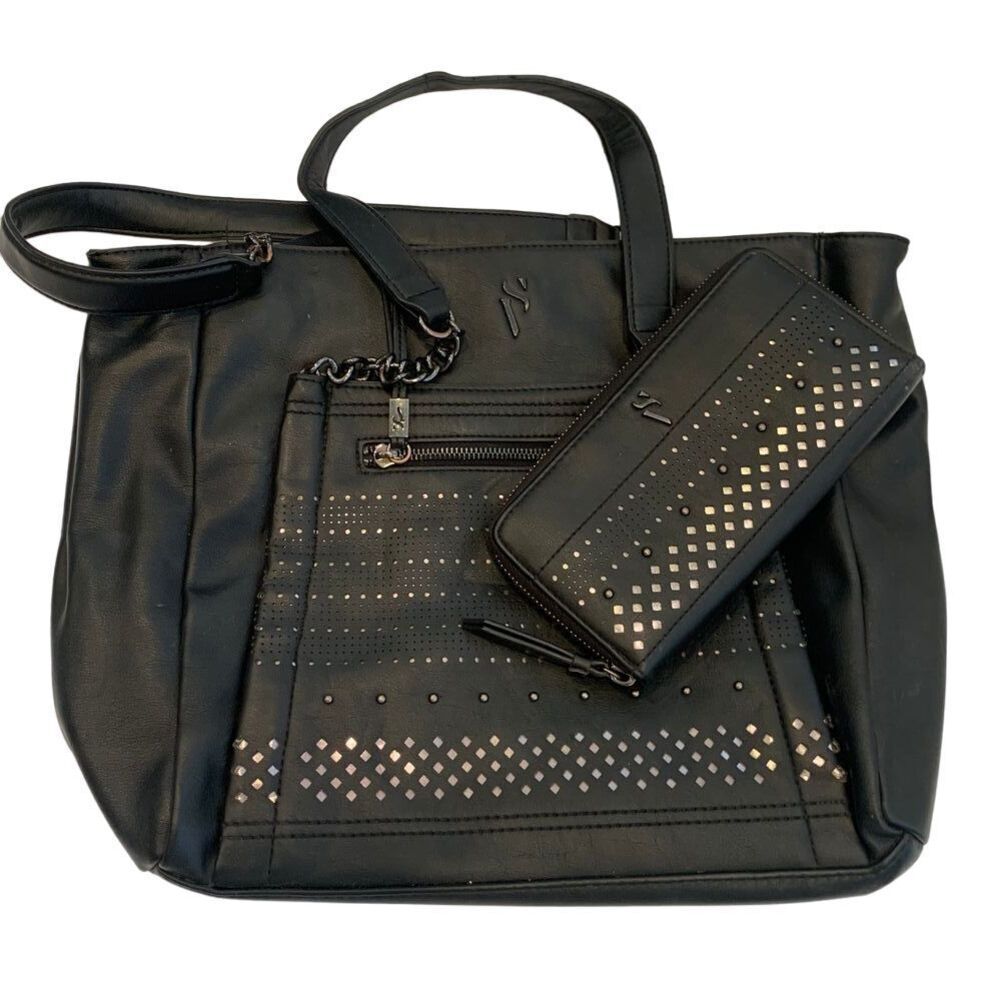 EUC Simply Vera Black Studded Tote Set Matching Wallet Chain Detail Faux Leather